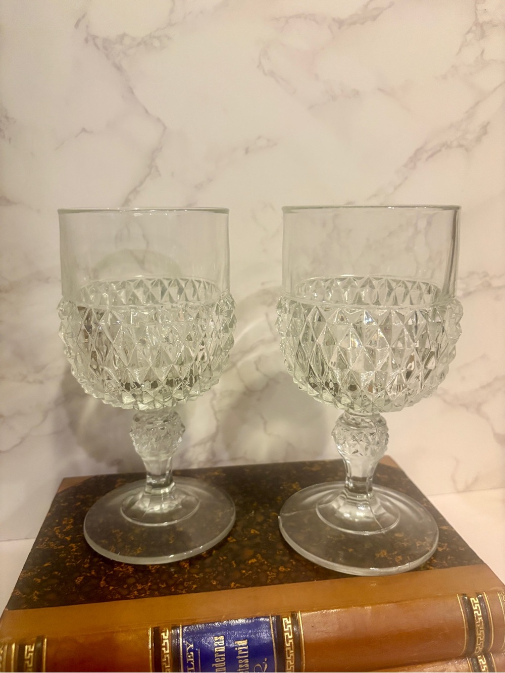 Vintage Indiana Glass Clear Diamond-Point Goblets (Pair)